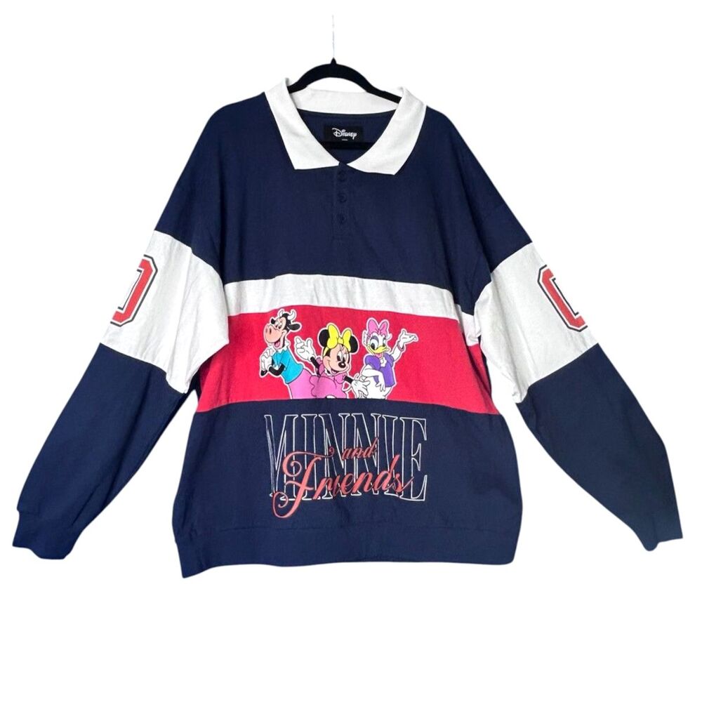 Disney Womens Minnie and Friends Polo Sweatshirt 2X Preppy Graphic Varsity Daisy